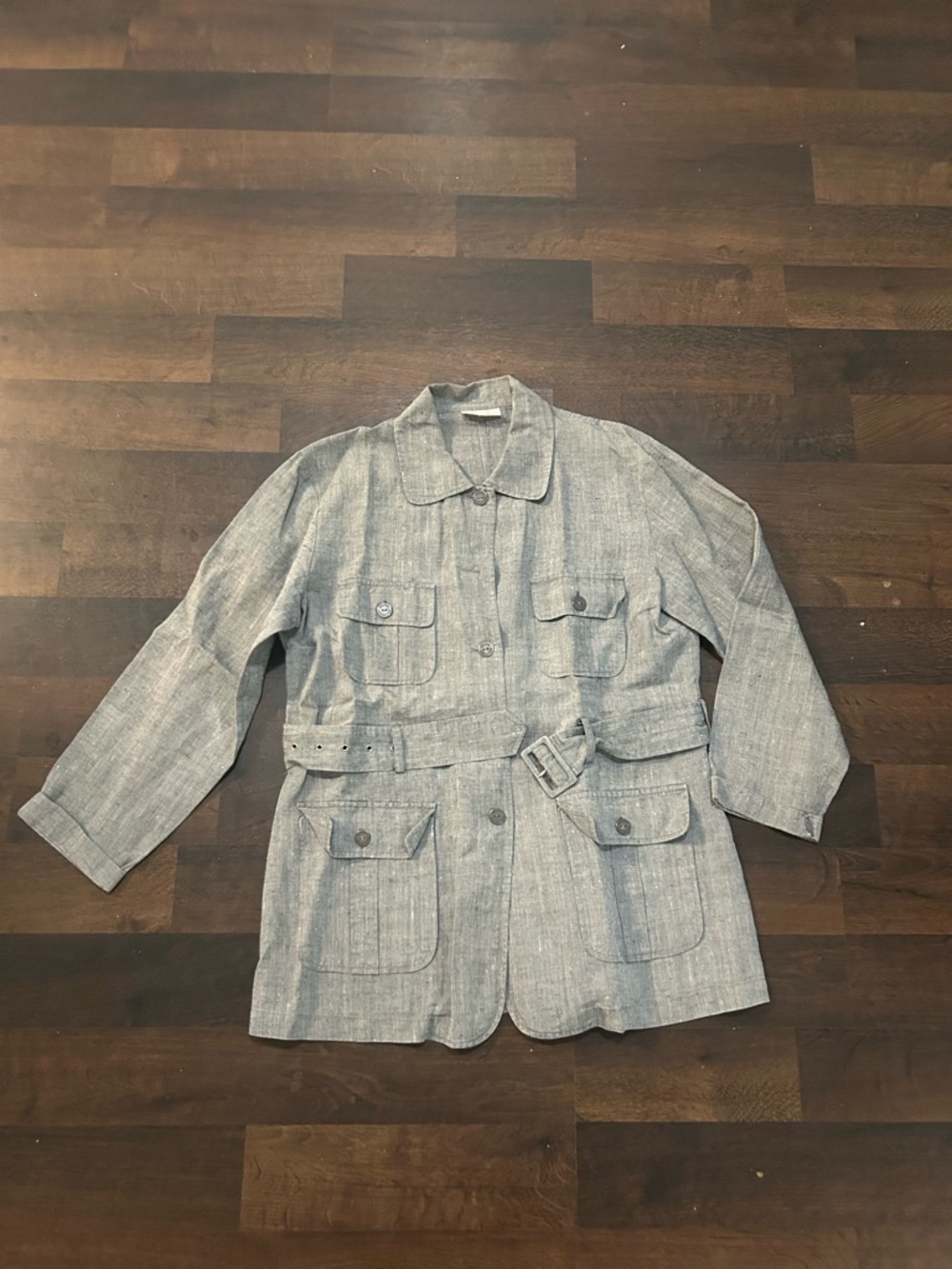 Light Blue Linen-Blend Utility Blazer with Belt